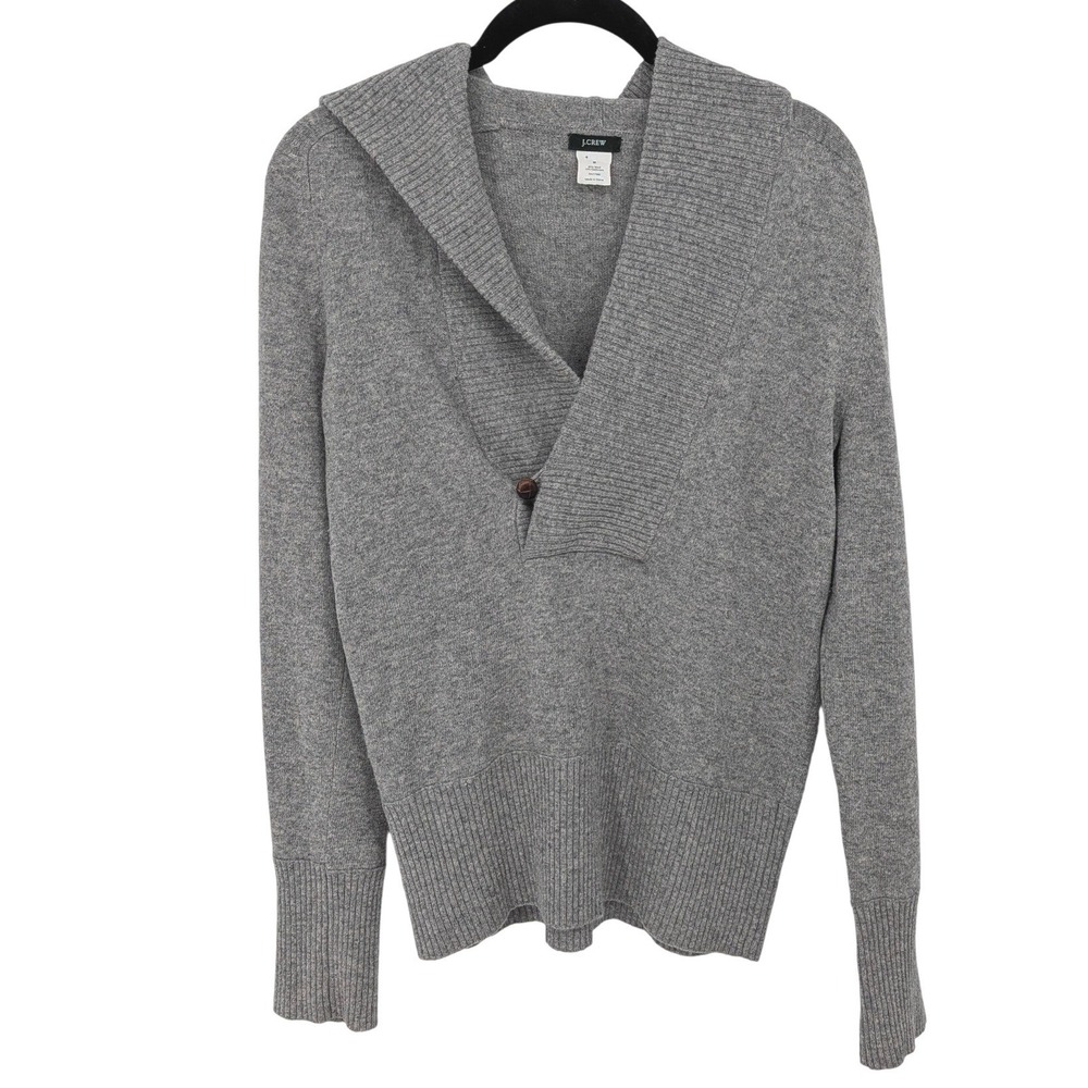J Crew Sweater Women Medium Gray Wool Cashmere Hood V-Neck Pullover Quiet Luxury